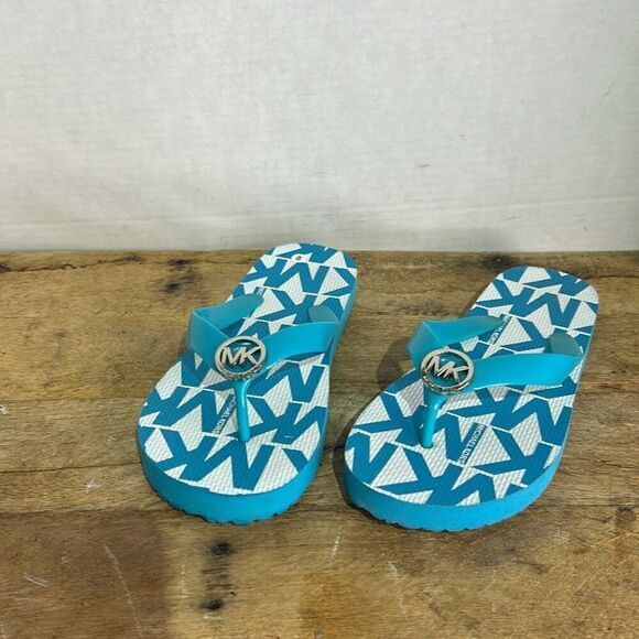 Michael Kors Womens‎ Blue & White MK Logo Allover Print Flat Flip Flop Size 4/5 - Picture 1 of 7